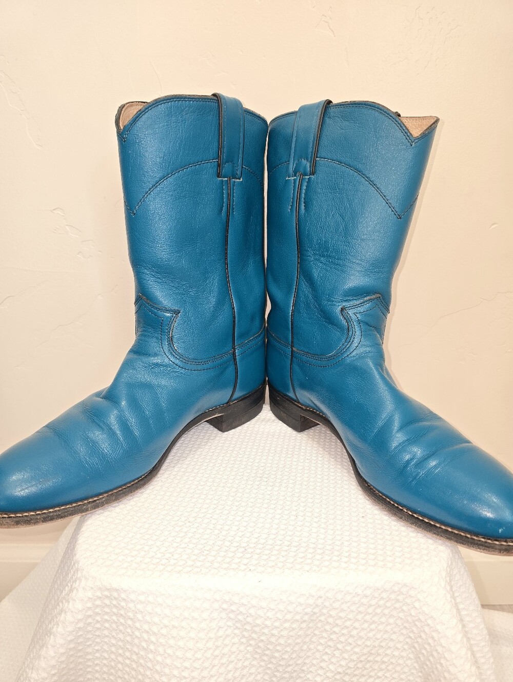 JUSTIN Womens Cowboy Boots Turquoise Leather Western Riding Ropers Size 8 B Vtg - Picture 5 of 10